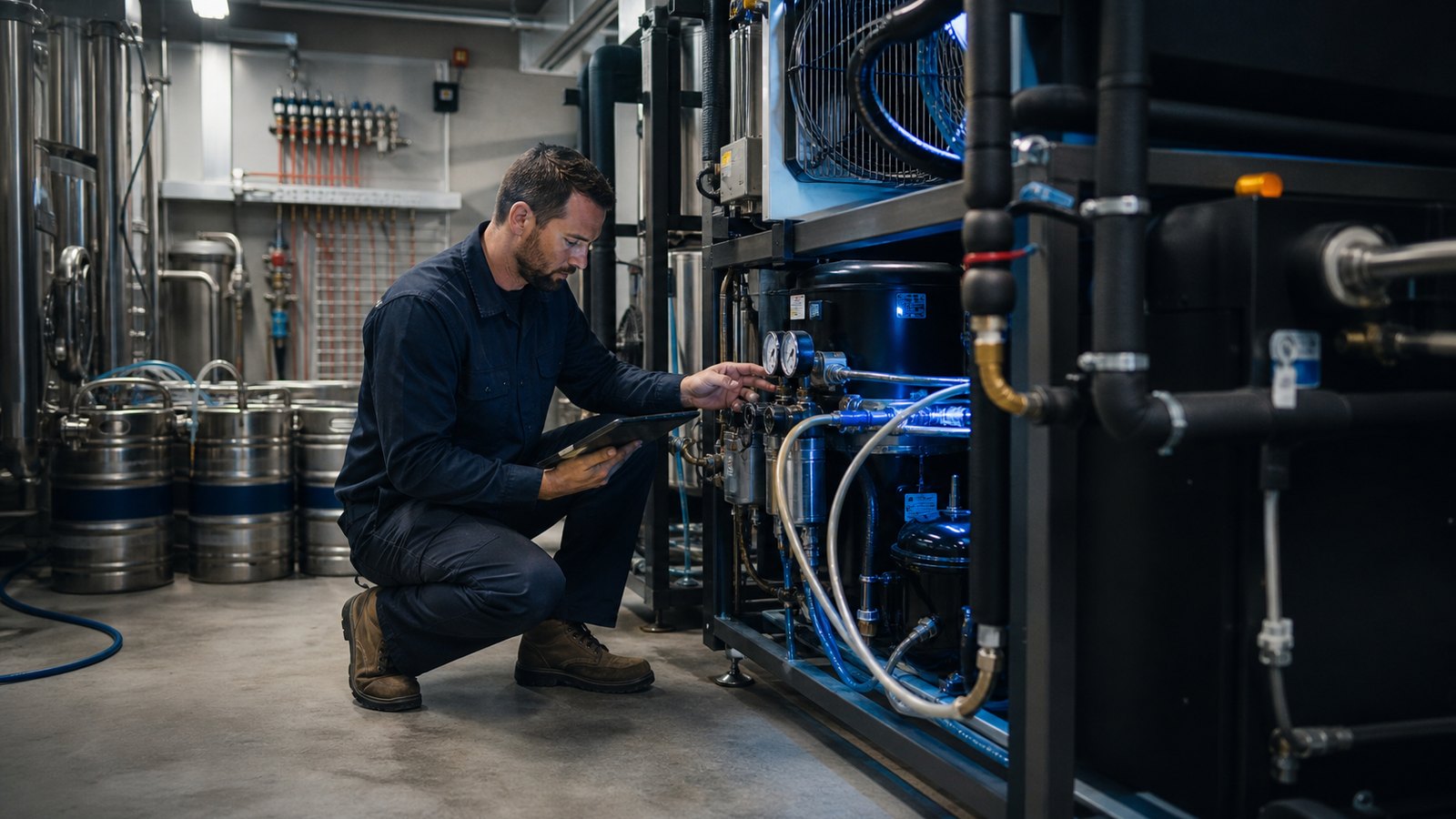 Beer and glycol refrigeration plant under service