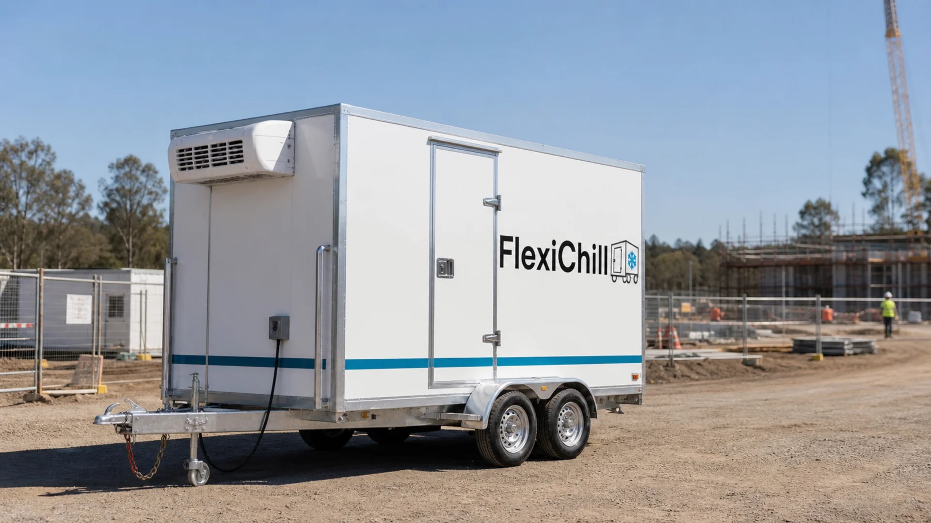 Branded FlexiChill mobile cool room positioned at a Hunter construction site