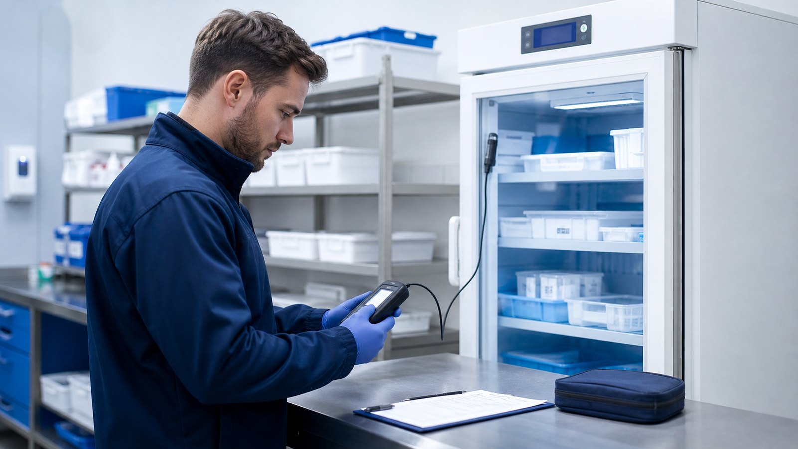 Technician calibrating a medical vaccine fridge